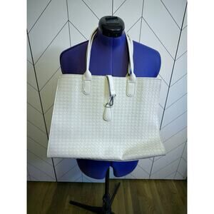 Light Gray Basket Weave Faux Leather Tote Purse Carry on Travel Everyday Basic